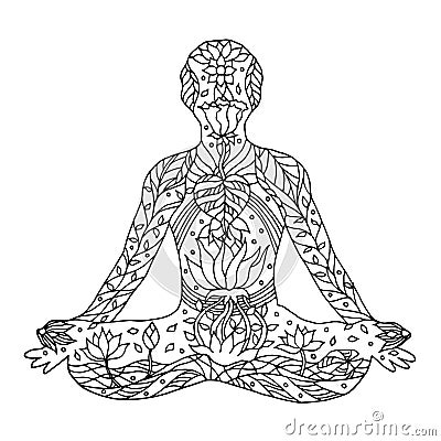 Lotus Pose with mudra hands, yoga position posture, hand drawn Vector Illustration