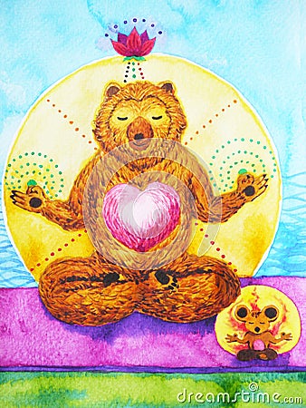 Lotus Pose Yoga, watercolor painting, chakra power, cute big bear and rat cartoon design illustration Cartoon Illustration