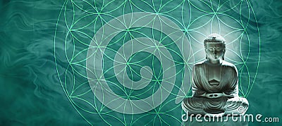 Jade Buddha meditating on the Flower of Life Stock Photo