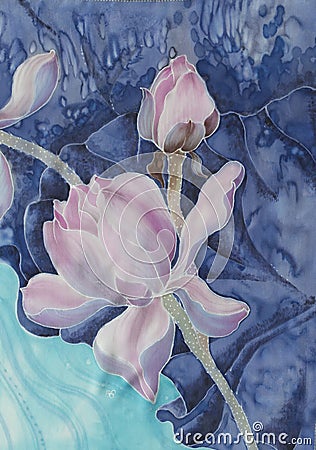 The lotuses. Batik. Decorative composition of flowers, leaves, buds. Use printed materials, signs, items, websites, maps, posters, Stock Photo