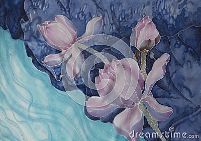 The lotuses. Batik. Decorative composition of flowers, leaves, buds. Use printed materials, signs, items, websites, maps, posters, Stock Photo