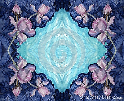 The lotuses. Batik. Decorative composition of flowers, leaves, buds. Use printed materials, signs, items, websites, maps, posters, Stock Photo