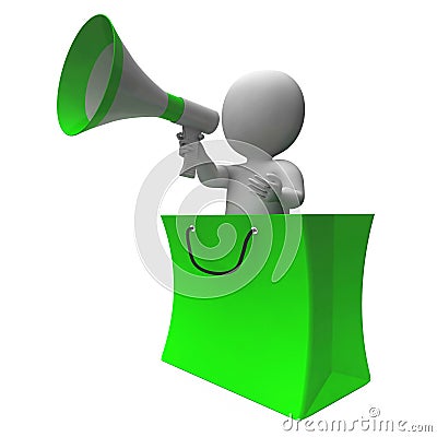 Loud Hailer Shopping Character Shows Sales Stock Photo