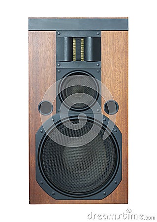 Loud speaker with black grills and solid wood finish isolated Stock Photo