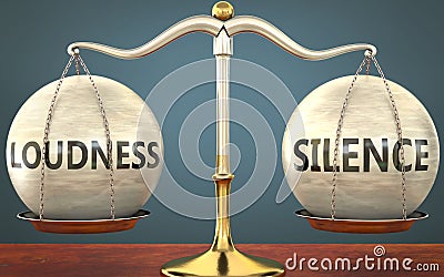 Loudness and silence staying in balance - pictured as a metal scale with weights and labels loudness and silence to symbolize Cartoon Illustration