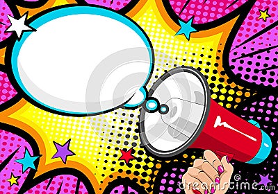 Loudspeaker comic book Pop Art. Female hand with megaphone. Vector Illustration