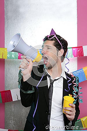 Loudspeaker crazy party man shouting happy Stock Photo