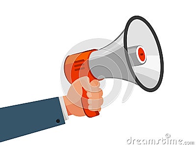 Loudspeaker or megaphone in hand. Advertising, marketing, announce, promotion concept. Cartoon vector illustration Vector Illustration