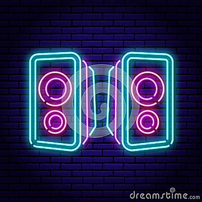 Loudspeakers. Speaker, columns. Dynamics, monitors. Neon sign on a brick wall background. Vector Illustration