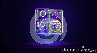 Loudspeakers. Speaker, two speakers. Speakers, monitors. Neon sign on the background of the wall. Yellow Purple Green Vector Illustration