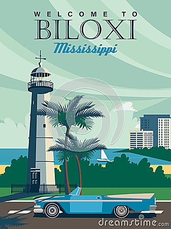Mississippi sightseeings with Biloxi on a travel poster in vintage design with a retro palette Vector Illustration