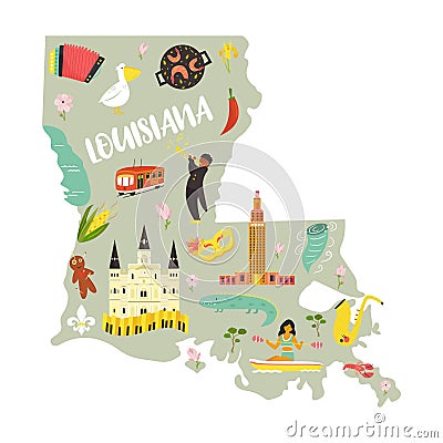 Louisiana Cartoon map with landmarks and symbols Vector Illustration