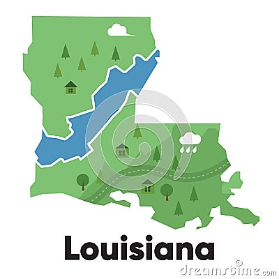 Louisiana map shape United states America green forest hand drawn cartoon style with trees travel terrain Vector Illustration