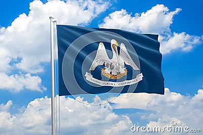 Louisiana national flag waving in the wind on clouds sky. High quality fabric. International relations concept Stock Photo