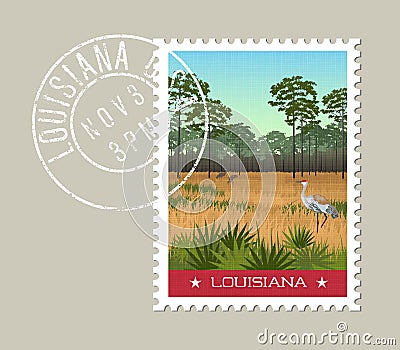 Louisiana postage stamp of wetland nature preserve. Vector Illustration