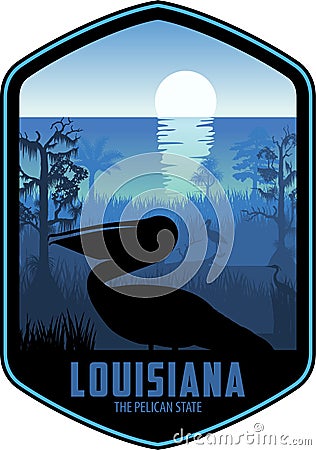 Louisiana vector label with brown pelican and swamp wetland sea coast Vector Illustration