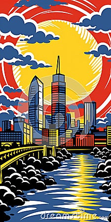 Louisville City Skyline: Pop Art-inspired Illustration In Roy Lichtenstein Style Cartoon Illustration