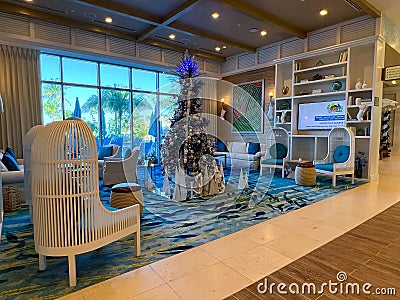 A Lounge area in the Margaritaville Beach Resort in downtown Nassau, Bahamas decorated for Christmas Editorial Stock Photo