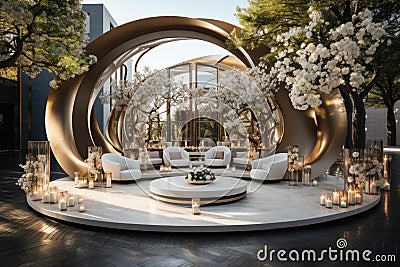 Lounge area at an outdoor wedding banquet decorated with white flowers and candle Stock Photo