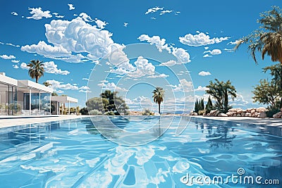 lounge area with pool and a view of summer landscape with clear blue sky Stock Photo