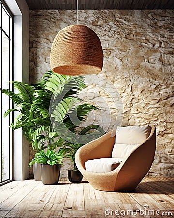 Lounge chair against floor to ceiling window near potted houseplants and wild stone cladding wall. Rustic home interior design of Stock Photo