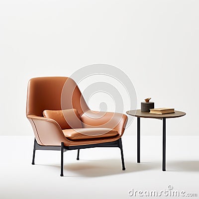 Minimalist Orange Leather Lounge Chair With Coffee Table Stock Photo
