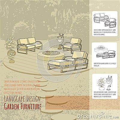 Lounge chairs, lantern, fountain and flowers in pot. Vector Vector Illustration