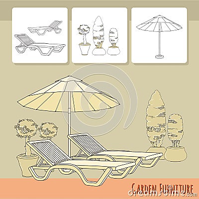 Lounge chairs under patio umbrella and flowers in pot. Vector Illustration