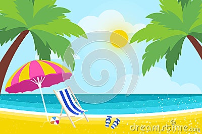 Lounge on Seashore. Parasol under the palm tree. Beach chair with sea. Time to travel. Tropical summer holidays. Flat. Vector Illustration