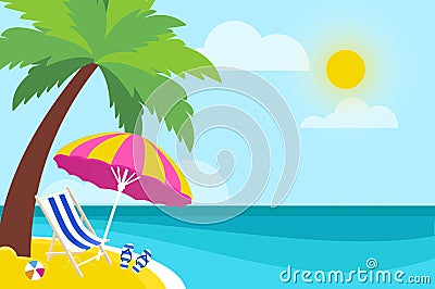 Lounge on Seashore. Parasol under the palm tree. Beach chair with sea. Time to travel. Tropical summer holidays. Flat. Vector Illustration