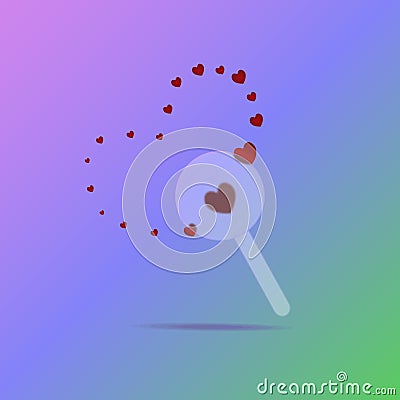 Loupe. Searching for love. Frosted glass. Colored vector illustration. Tool on isolated colorful background. Valentines Day. Vector Illustration