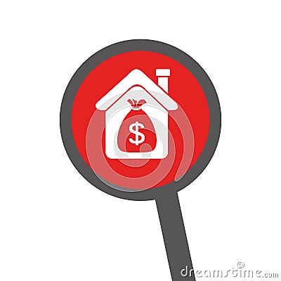 Loupe with silhouette house with bag with dollar symbol Vector Illustration