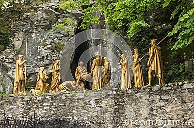 Lourdes, France, June 24 2019: Way of the Cross of Jesus, fragment of the fourteenth station Editorial Stock Photo