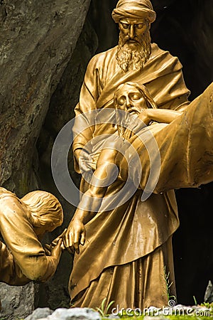 Lourdes, France, June 24 2019: Way of the Cross of Jesus, fragment of the fourteenth station Editorial Stock Photo