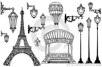 Louvre and the Eiffel Tower kinds of Paris Vector Illustration