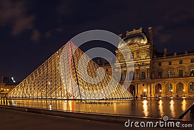 Louvre Museum and the Pyramid in Paris at night Editorial Stock Photo
