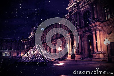 Louvre, night view. Dark background with architecture. Editorial Stock Photo