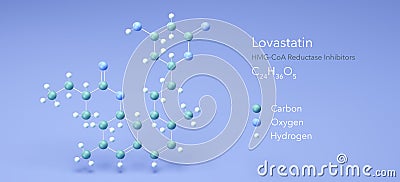 lovastatin molecule, molecular structures, hmg-coa reductase inhibitors, 3d model, Structural Chemical Formula and Atoms with Stock Photo