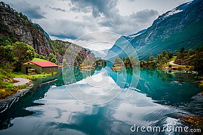 Lovatnet lake Beautiful Nature Norway. Stock Photo