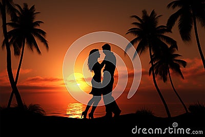 Love against sunset, Palm tree silhouettes frame couples romantic encounter Stock Photo
