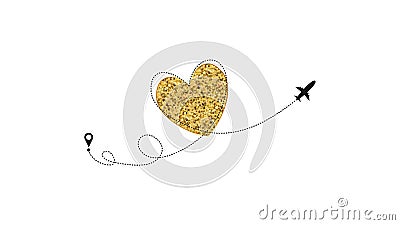 Love airplane route. Golden Heart dashed line trace and plane routes isolated on white background. Romantic wedding Vector Illustration