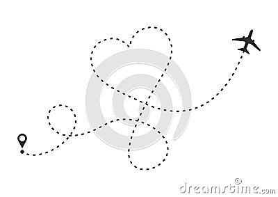 Love airplane route. Heart dashed line trace and plane routes isolated on white background. Romantic wedding travel Vector Illustration