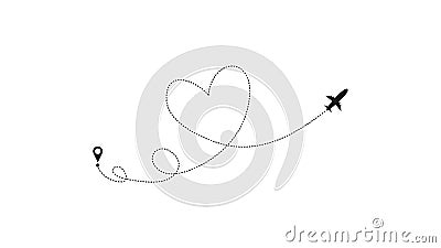 Love airplane route. Heart dashed line trace and plane routes isolated on white background. Romantic wedding travel Vector Illustration