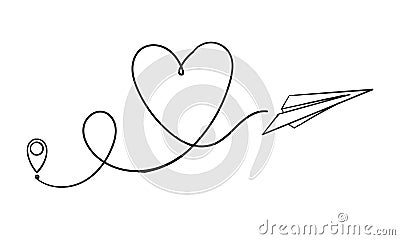 Love airplane route. Romantic travel, heart line trace and plane routes. Hearted airplane path, flight air trace love valentine Vector Illustration