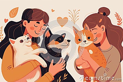 Love for animals. Children petting dogs. Children cuddle pets dogs illustration, happy girls and smiling boys with puppies image, Cartoon Illustration