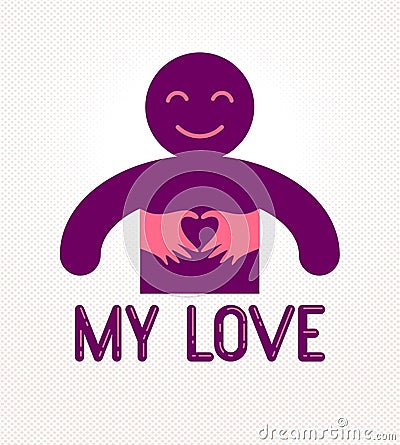 Love arms hugging lover and shows heart shape gesture hands, lover woman hugging his man and shares love, vector icon logo or Vector Illustration