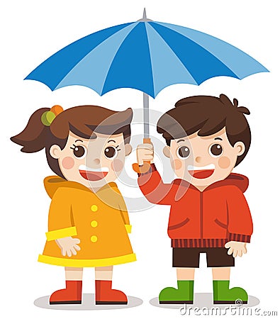 Love Autumn. Happy boy and girl with umbrella. Vector Illustration