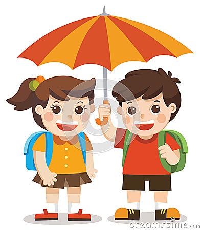 Love Autumn. Happy boy and girl with umbrella. Vector Illustration