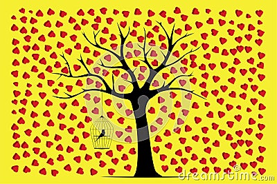 Love tree vector with bird in cage illustration, vector Vector Illustration