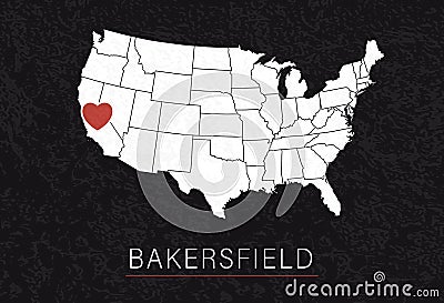 Love Bakersfield Picture. Map of United States with Heart as City Point. Vector Stock Illustration Stock Photo